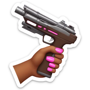brown hand with pink nails holding large scary dark nerf gun sticker
