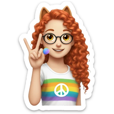 a white girl with long red curly hair in a pony tail with rainbow shirt does peace sign wearing cat ears one black other white sticker