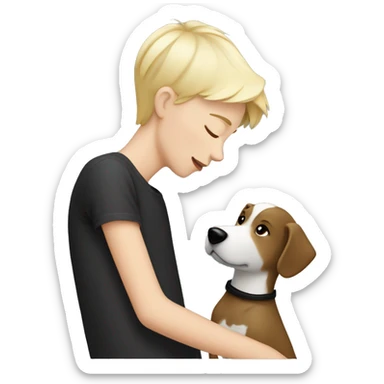 Tom boy with short blonde hair kissing a black and white dog with long hair sticker