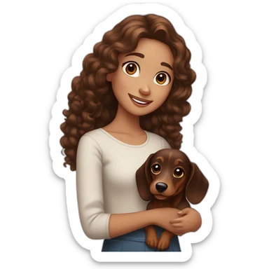 Girl long curly brown hair smiling and brown eyes with long eyelashes and holding a dachshund  in her arms sticker
