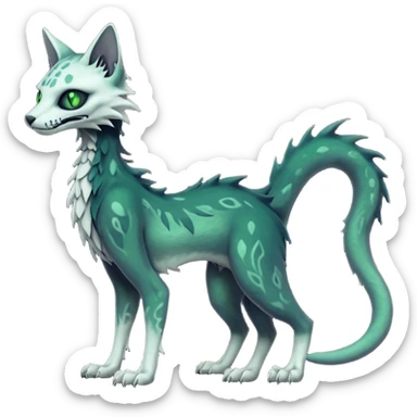 Macabre spectral spooky dark bleak blackish swampy white-skeletal gloomy ghostly dark greyish dark-deep-greenish foggy eldritch beautiful realistic edgy fantasy ghoul-like stitched feline-vernid-sergal-fursona animal creature with a tufted tail full body with intricate markings  sticker