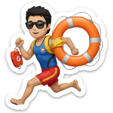 Dark Tan Muscular lifeguard with messy black hair with sunglasses running with life preserver sticker