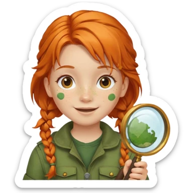 braid orange haired girl kid in moss green explorer outfit, holding magnifying glass, smile sticker