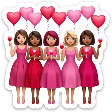 galentines party : they wea red and pink dresses, hold pink and red heart balloons and pink cocktails in their hands, there is a blond girl, a brunette, an asian, and a brown skin girl sticker