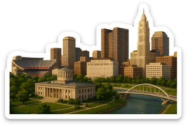 cinematic realistic emoji of Columbus Ohio wide city view with iconic landmarks Ohio Statehouse Ohio Stadium LeVeque Tower Scioto Mile lifelike detail accurate colors bright daytime lighting no sky no clouds no city name label sticker