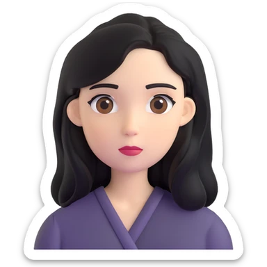 white woman with rounded brown eyes, long black hair, black blouse, neutral expression sticker