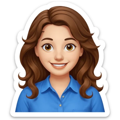 30 yr old italian woman, long brown wavy hair, big brown eyes, huge smile, bright blue shirt, no bangs, a bit chubby sticker