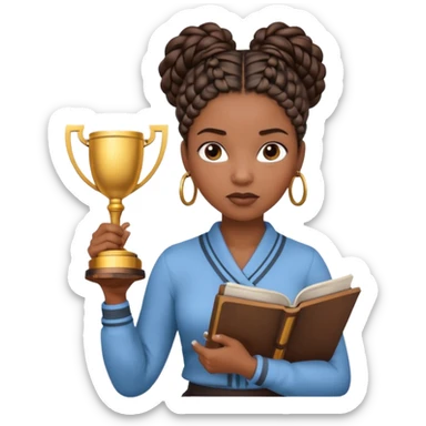 generate an emoji for this phrase, Start strong to earn trust and be noticed. End strong to be remembered. make it a black woman in braids updo looking determined with a script in hand and a trophy sticker