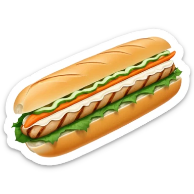 traditional banh mi with char grilled pork emoji 


    Very crusty baguette

    Mayo 

    Pickled carrot 

    Cucumber, coriander/cilantro, green onion, chilli 
 sticker