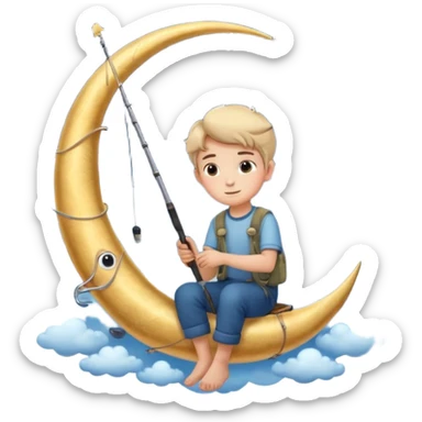 A dreamy night sky with a crescent moon. A boy sits on the moon holding a fishing rod, surrounded by soft clouds and stars. Magical and peaceful atmosphere. sticker