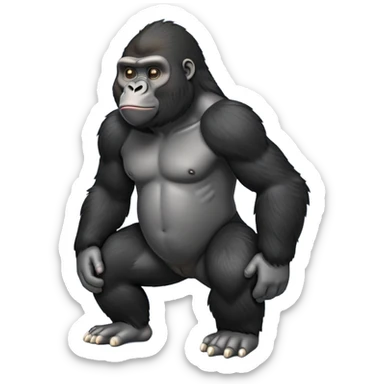 cinematic-friendly relaxed young gorilla-realistic-full-body-crouched on all fours on knuckles-emoji,-poised-with-confidence,-massive-arms-hanging-slightly-forward,-head-tilted-thoughtfully,-thick-black-fur, friendly ,-simplified-yet-realistic sticker
