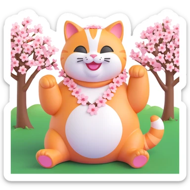 Recreate a chubby orange tabby cat with white face and belly, surrounded by pink cherry blossoms, with a cherry blossom on its head. The cat is smiling and looking content. The style is soft, rounded, glossy 3D iOS emoji style. No text or background, just the cat and flowers. sticker