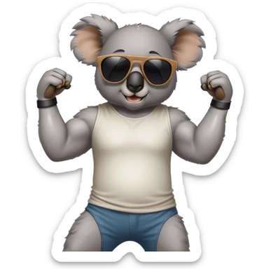 anthropomorphised koala in casual clothing, wearing dark sunglasses, flexing muscles, different pose sticker