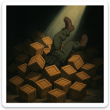 A pile of small oblong crates hidden in a dark area with a beam of light shining from above, with someone’s boots sticking out like they dove in, tactical gear clothing  sticker