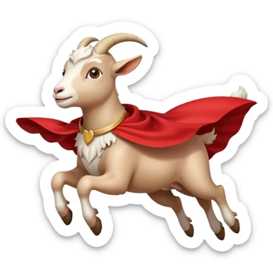 side view of white female goat wearing a read cape like superman sticker