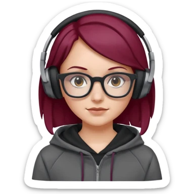 white girl with burgundy hair, gray square glasses, black deportive hoodie and black headphones sticker