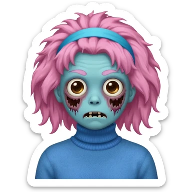 brown fluffy haired blue zombie with pink turtleneck sweater and hair band sticker