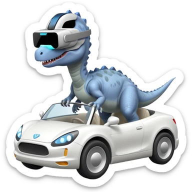 Dinosaurio  gris subido en un carro blanco tecnológico con lentes de realidad virtual sticker