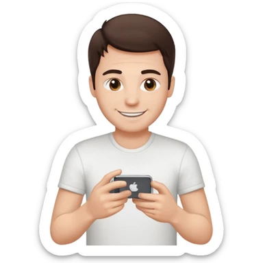 make a white guy with dark brown hair repairing an iphone happy, with a simple white o grey shirt sticker