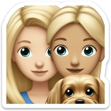 A white girl with blonde hair and blue eyes hugging a Yorkshire terrier sticker