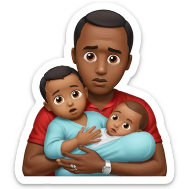 Sean “Diddy” Combs with baby oil and a very small infant and he’s pouring the baby oil on the baby and they have a scared face they’re really scared sticker