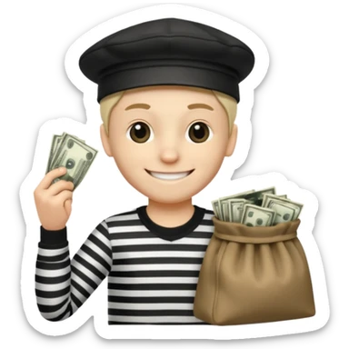 robber with 4 lines of black and white striped shirt and he has a money bag in his hand and a robber hat and he is smiling and he is whiteno money in his hand no money out of bag the bag is to the left  sticker