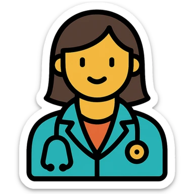 female doctor, modern medical attire, stethoscope, friendly expression, color outline icon style sticker