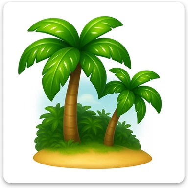 Create a beach emoji that looks exactly like the reference image in classic iOS emoji style. The emoji should have a 3D appearance with shiny, smooth gradients and soft shadows. Include palm trees and sand with the classic emoji look, emphasizing the 3D, shiny, smooth gradient style and soft shadows as seen in iOS emojis. Add a glossy effect to the palm leaves to make them appear shiny and vibrant. sticker