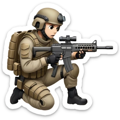 A skilled airsoft player in tactical gear, aiming a gun and shooting metal BBs in a desolate, ruined landscape. The setting is filled with broken walls and debris, creating a tense atmosphere of strategy and precision in a high-stakes tactical environment sticker