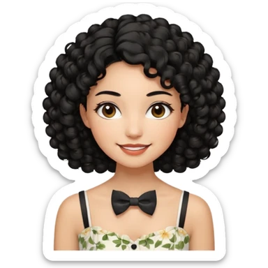 A young woman. She has voluminous, curly black hair that frames her face beautifully. Her skin tone is warm and glowing, and she has a subtle, natural makeup look. She’s smiling softly at the camera. She is wearing a white floral top with thin straps and a small bow tie detail in the front. sticker