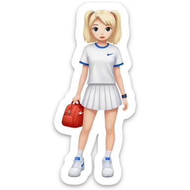 A cute girl wearing a tennis skirt, baggy T shirt, and Nike Air Force ones sticker
