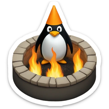 Penguins circling a fire pit while wearing duns caps sticker