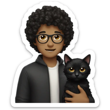 a boy with dark curly hair and white glasses with a black cat sticker