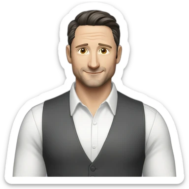 tim robinson dark black slicked back hair white shirt with a light grey vest sticker