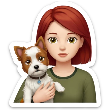 Westhighland white terrier dog being held by woman with dark shoulder length red hair and hazel eye wearing olive green top sticker