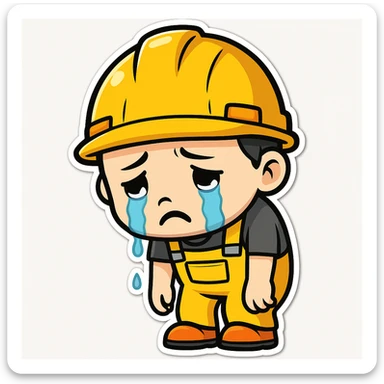 Make the sad construction worker look even sadder, with tears, slumped posture, and a gloomy expression in sticker style sticker