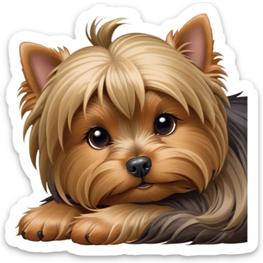 Meme-Worthy Cute Sleeping Yorkshire Terrier Portrait Emoji, Head resting gently with a peaceful, contented expression and softly closed, dreamy eyes, featuring a well-groomed, silky fur in rich hues, simplified yet irresistibly endearing, highly detailed, glowing with a gentle, drowsy radiance, high shine, exuding relaxed, heart-melting charm, styled with a soft glowing outline, capturing the essence of a sleeping Yorkshire Terrier that looks as if it could drift off into a sweet, meme-worthy slumber! sticker
