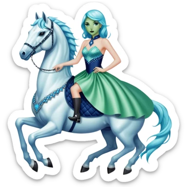 alien reptilian green skin woman, in short slim pastel blue formal party satin dress with gradient shiny sparkling navy blue diamonds embroidered , ride a White horse sticker