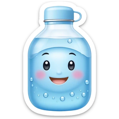 Cute Kawaii Water Bottle, round and bubbly, soft blue with tiny water droplets around, a happy smiling face, gentle glowing highlights, fresh and refreshing vibes! sticker