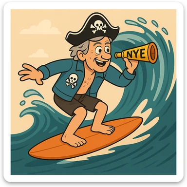 Change the surfer's hair to grey, keep all other details the same, in a style suitable for editing. sticker