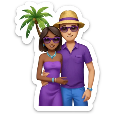 Tan tall brunette European male in blue shirt smiling and hugging a jet black African girl in purple strapless dress and blue jewelry they are on a beach with palm trees sticker