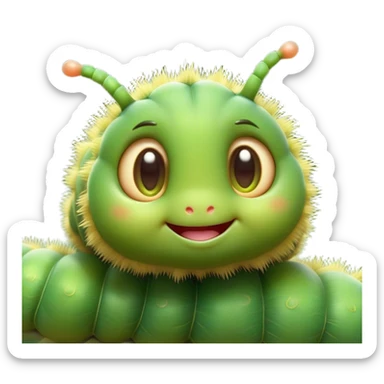 Cinematic Cute Caterpillar Portrait Emoji, Head tilted playfully and inquisitively, featuring a small, fuzzy body with rounded, plump segments, soft, endearing eyes and a charmingly wiggly movement, Simplified yet irresistibly adorable features, highly detailed, glowing with a warm, inviting green glow, high shine, affectionate and lively, stylized with a touch of whimsical woodland charm, soft glowing outline, capturing the essence of a mischievous caterpillar that seems as if it could crawl out of the screen into your arms! sticker