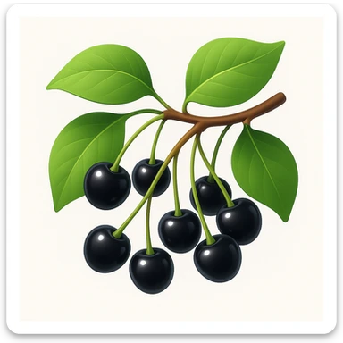 Redraw a branch of antipy cherry with black berries and green leaves in a modern 3D iOS style, adding volume and expressive light and shadow. The composition should be square with a clean background. Focus on a contemporary, polished 3D look typical of iOS design. sticker