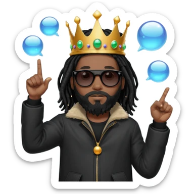 African American man with shoulder length black dreadlocks with black beard wearing black sunglasses wearing Crown on his head wearing a black bubble mens winter coat pointing at himself sticker
