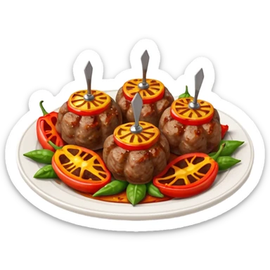 Akçaabat meatballs object icon, grilled Turkish kofte pieces on a plate, smoky char marks, juicy texture, served with grilled peppers and tomatoes, 3D cartoon, mobile game icon style, centered, clean background, no text, no watermark
 sticker