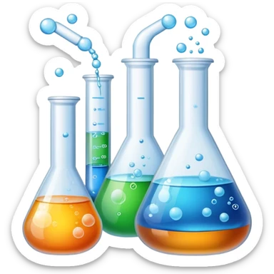 An icon featuring laboratory flasks with tubes, symbolizing chemistry. The design includes liquid and powder substances, a chemical reaction with bubbles, and molecular formulas, representing chemical processes like hydrolysis. Transparent background sticker