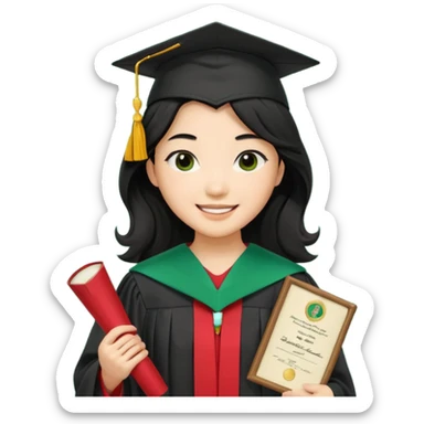 College Graduate asian black hair with wavy hair long  with black red stash with green benilde on the middle sticker