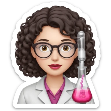 A crazy female scientist, with curly-wavy dark brown medium lenght hair, brown eyes and light grey glasses and pale skin and pinkish lips, dressed to look like an english teacher but in neutral tones like grey black white, maybe with the pop of dark red, with no girly colors,  sticker