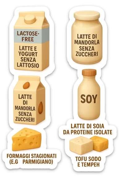 emoji stile iphone 3d di questi elementi che fluttuano in aria:

Latte e yogurt delattosati
Latte di mandorla (non zuccherato)
Latte di soia da proteine isolate
Formaggi stagionati (es. parmigiano)
Tofu compatto e tempeh
 che fluttuano in aria,  le etichette scrivile in italiano, iperealistico 4k sticker
