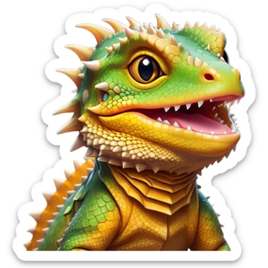 Cinematic Cute Bearded Dragon Portrait Emoji, Head tilted playfully and inquisitively, featuring a glossy, scaled hide in warm olive hues with an adorably scrunched spiky beard and round, sparkling eyes full of curious mischief, Simplified yet irresistibly adorable features, highly detailed, glowing with a warm, friendly glow, high shine, affectionate and lively, stylized with a touch of rugged whimsy, bright and endearing, soft glowing outline, capturing the essence of a mischievous yet loving dragon, so playful it feels like it could scamper out of the screen into your arms! sticker